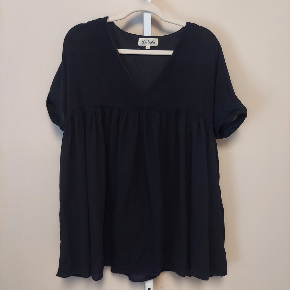 Listicle Black Cotton Babydoll Blouse Short Sleeve Flowy‎ Top S WHimsigoth Boho